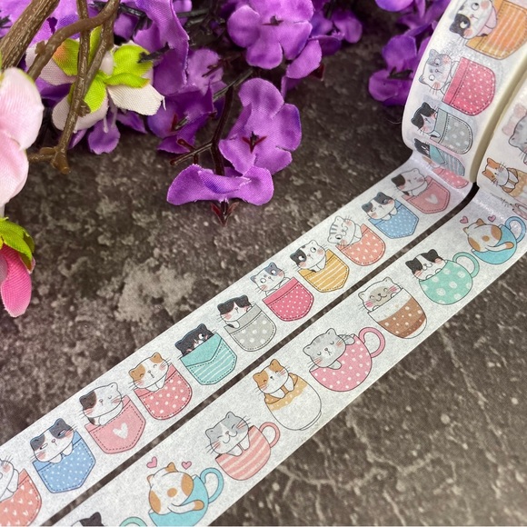 Kitty Cats In Pockets and Coffee Mugs, Washi Tape, Set Of 2 Rolls - Picture 3 of 9